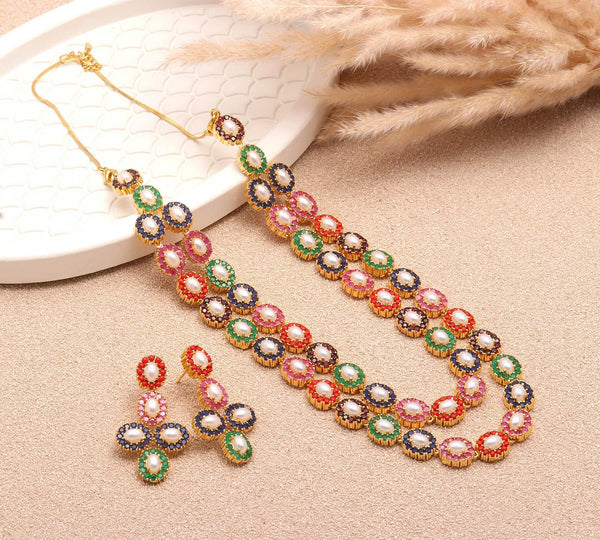 2-Line Multi Gemstone & Pearl Flower Necklace Set | 22K Gold Plated Bridal Wedding Necklace | Traditional Statement Necklace |Gift For Women
