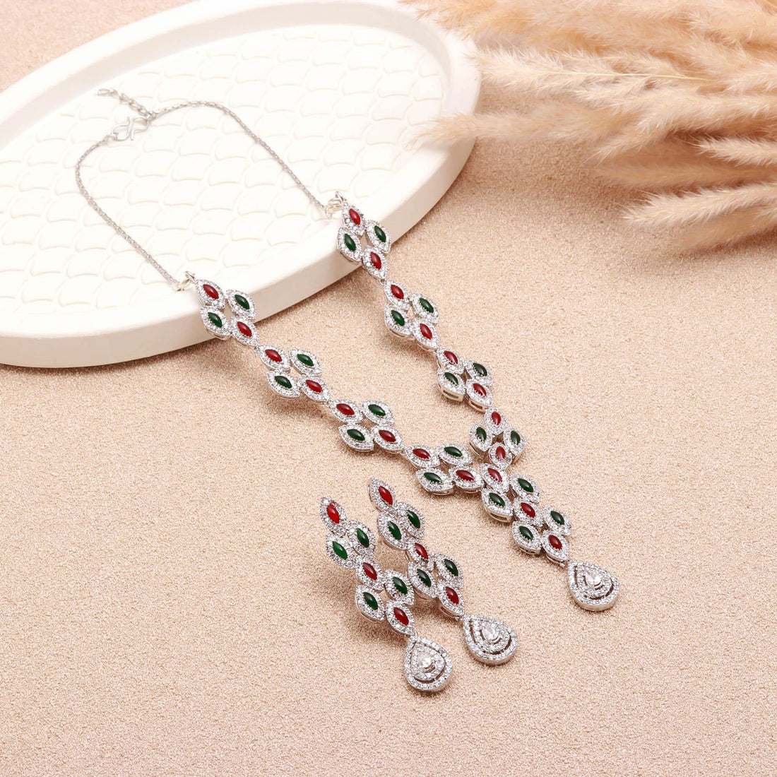 Ruby & Emerald Oval Necklace Set | 22K Gold Plated Necklace | Wedding Jewelry | Festive Necklace| Bridal Necklace | Gift For Her — 2