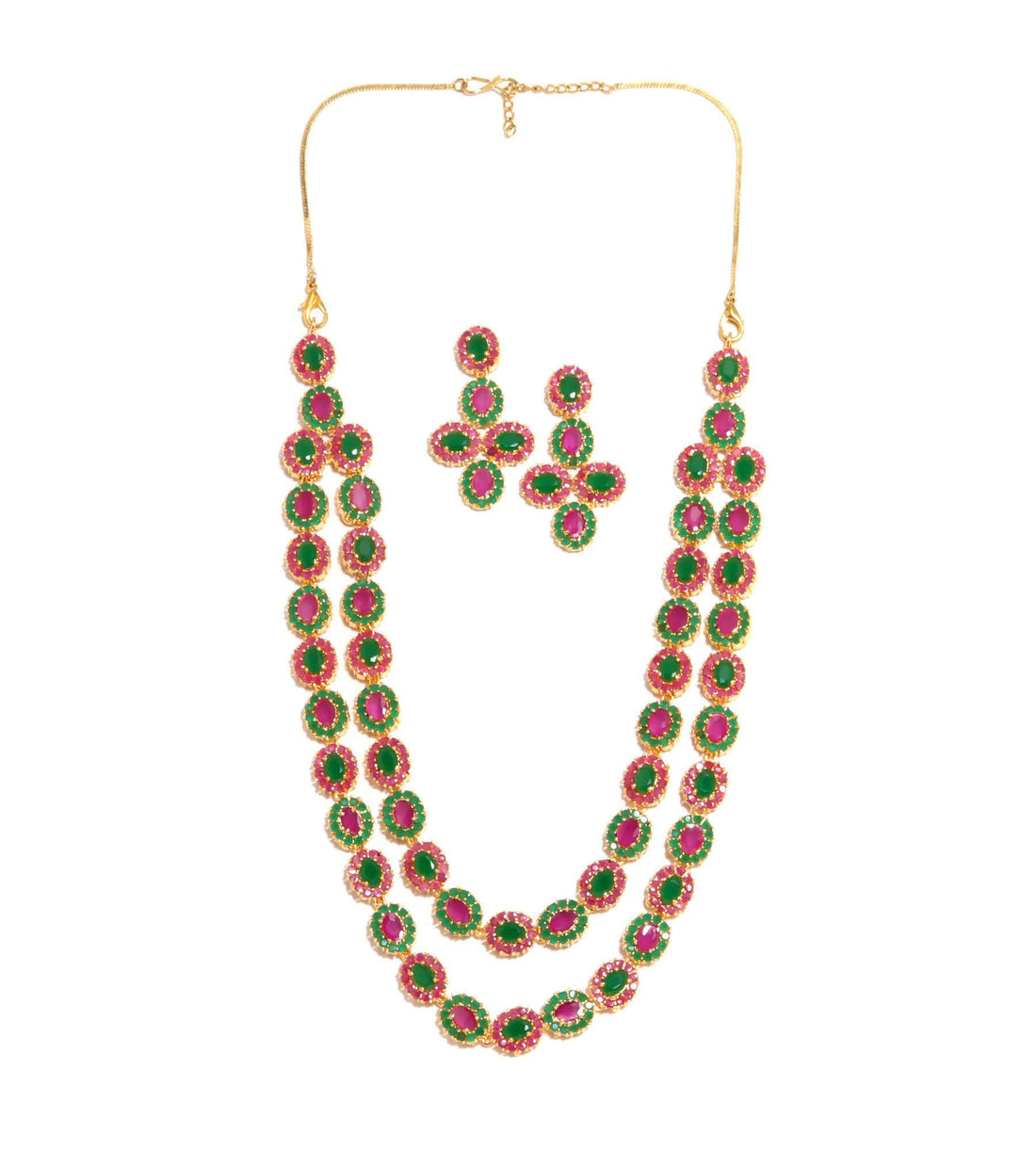 22K Gold Plated 2-Layer Multi Gemstone Flower Necklace Set | Emerald Ruby Bridal Wedding Statement Jewelry | Festive Necklace | Gift For Her — 5