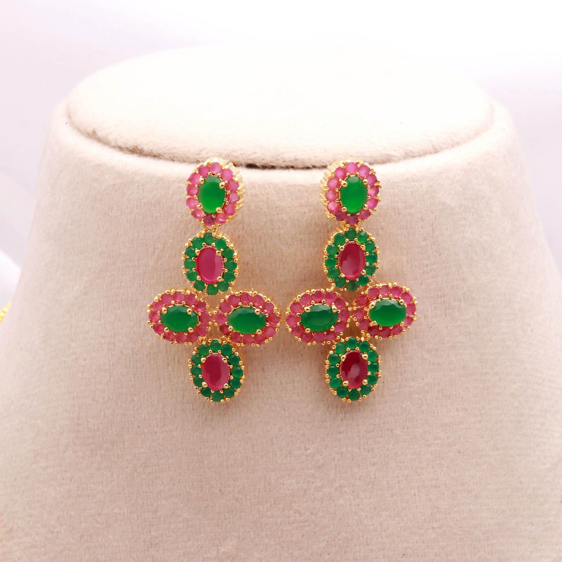 22K Gold Plated 2-Layer Multi Gemstone Flower Necklace Set | Emerald Ruby Bridal Wedding Statement Jewelry | Festive Necklace | Gift For Her — 3