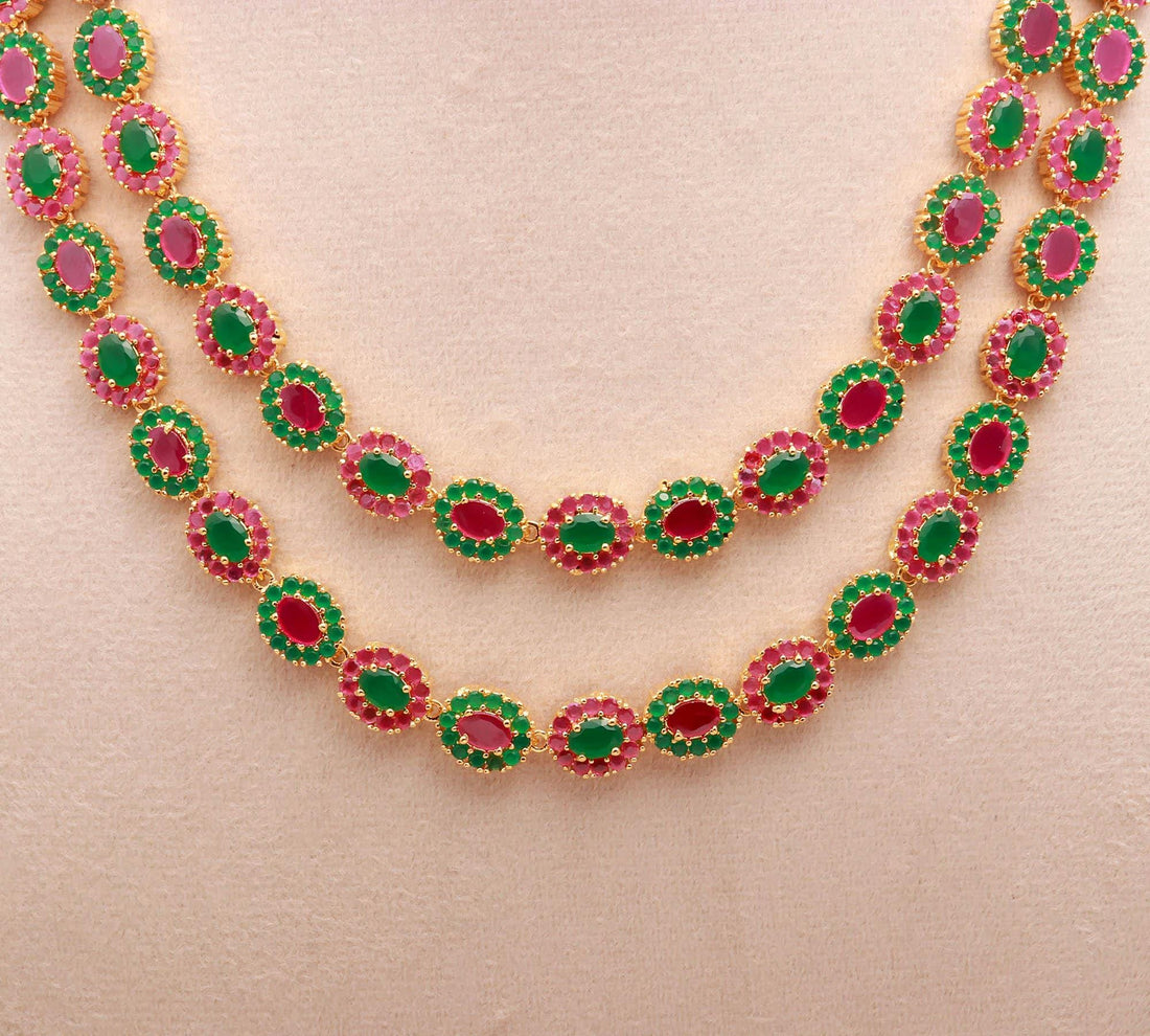 22K Gold Plated 2-Layer Multi Gemstone Flower Necklace Set | Emerald Ruby Bridal Wedding Statement Jewelry | Festive Necklace | Gift For Her — 4