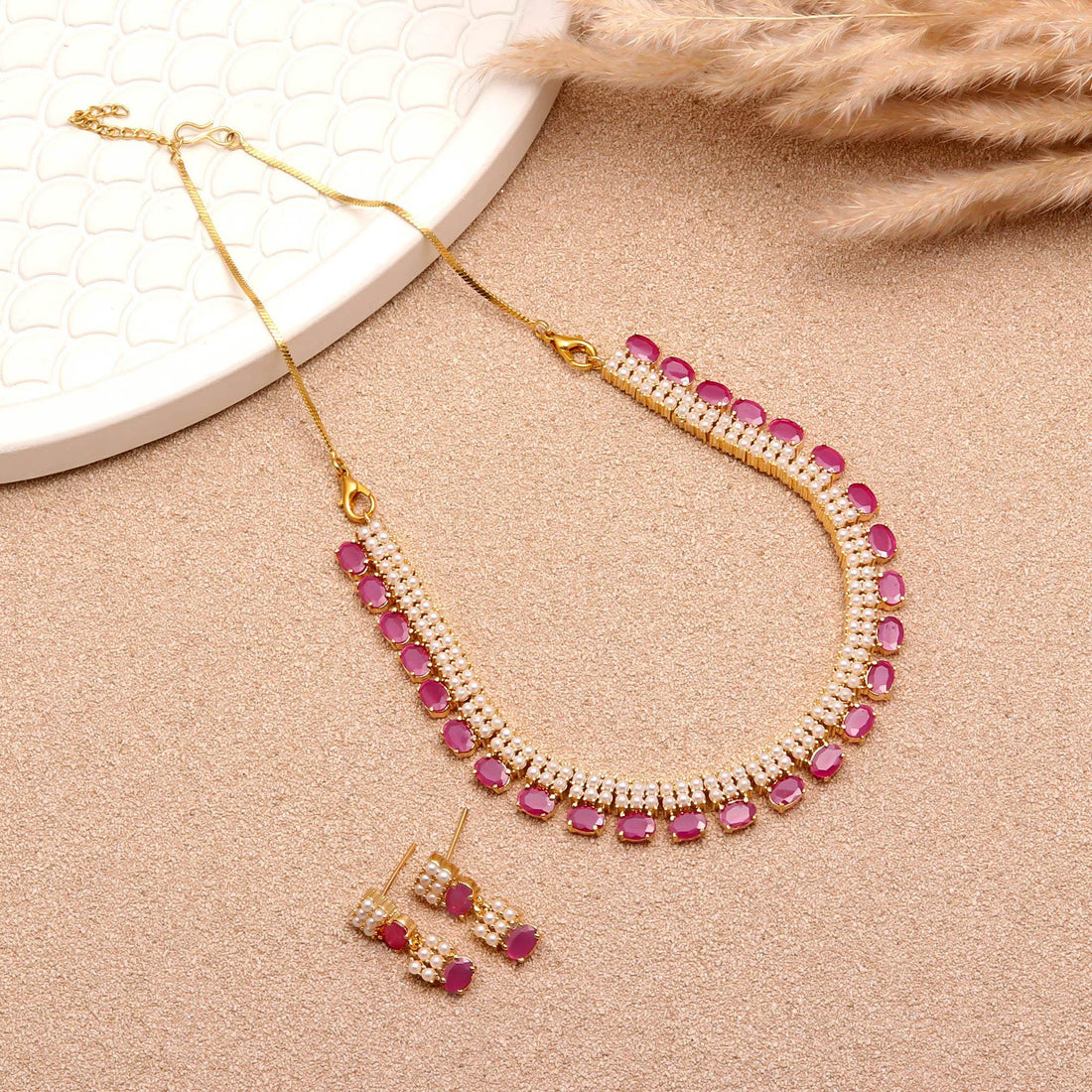 Ruby & Pearl Oval Necklace Set | 22K Gold Plated Wedding Jewelry | Heavy Gemstone Bridal Necklace | Statement Jewelry | Gift for Women — 2