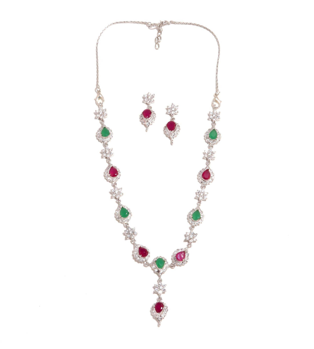 Designer Ruby Emerald CZ Necklace Set | 18K White Gold Plated Indian Bridal Necklace | Wedding Jewelry | Festive Necklace | Gift For Women — 5