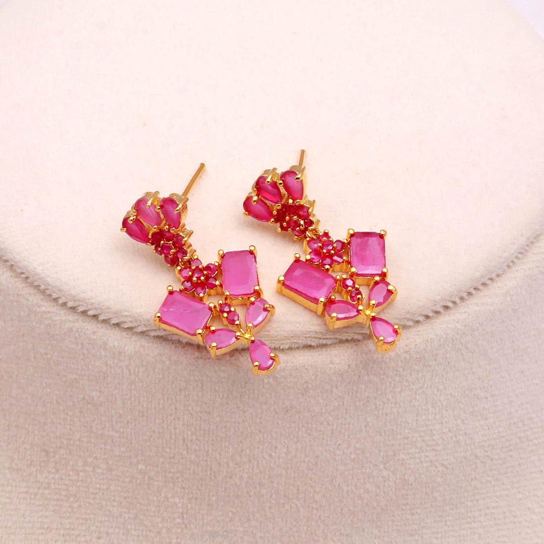 Ruby Square & Oval Necklace Set | 22K Gold Plated Brass Necklace | Bridal Necklace - Earrings | Gift for Her | Red Gemstone Necklace — 4