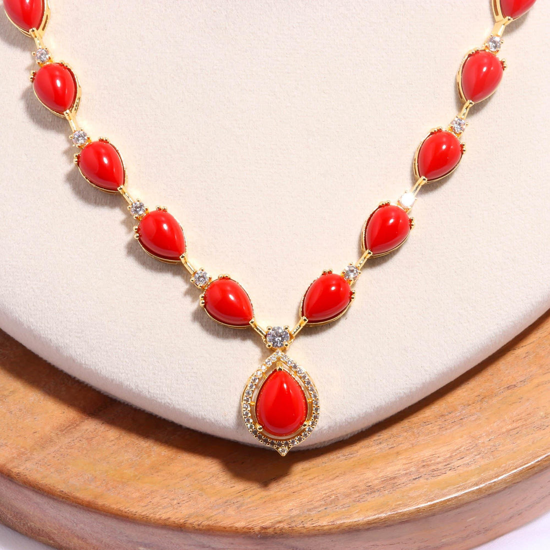 Red Bridal Necklace Set | 22K Gold Plated Brass Traditional Wedding Jewelry | Engagement Statement Necklace | Gift for Women — 3