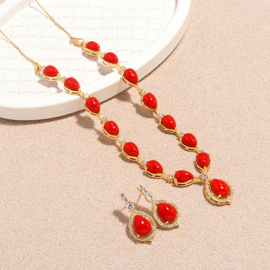 Red Bridal Necklace Set | 22K Gold Plated Brass Traditional Wedding Jewelry | Engagement Statement Necklace | Gift for Women — 2