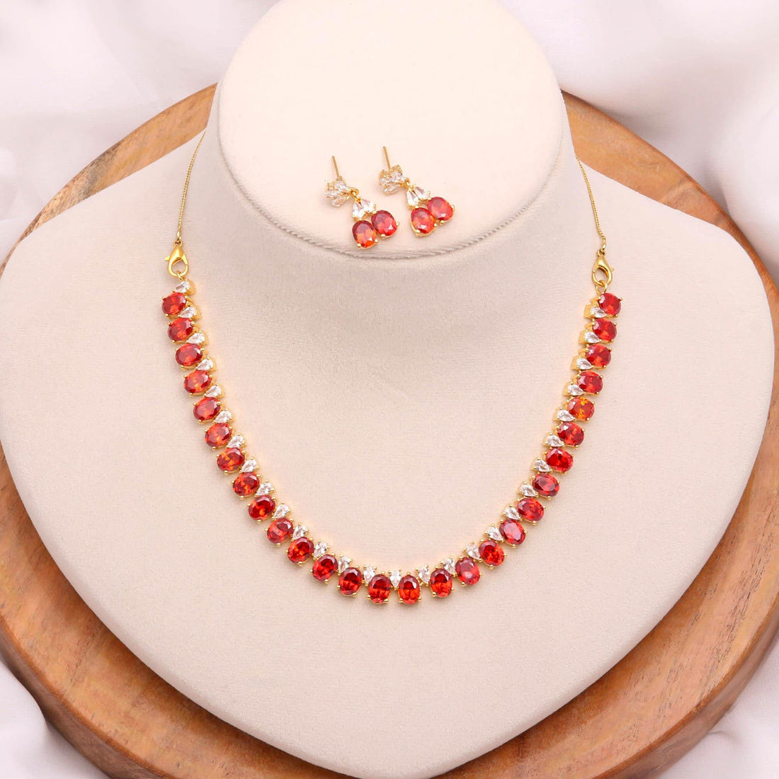 Garnet Oval & Round Necklace with Earrings |22K Gold Plated Brass Wedding Necklace | Bridal Necklace Set | Indian Jewelry | Gift for Women