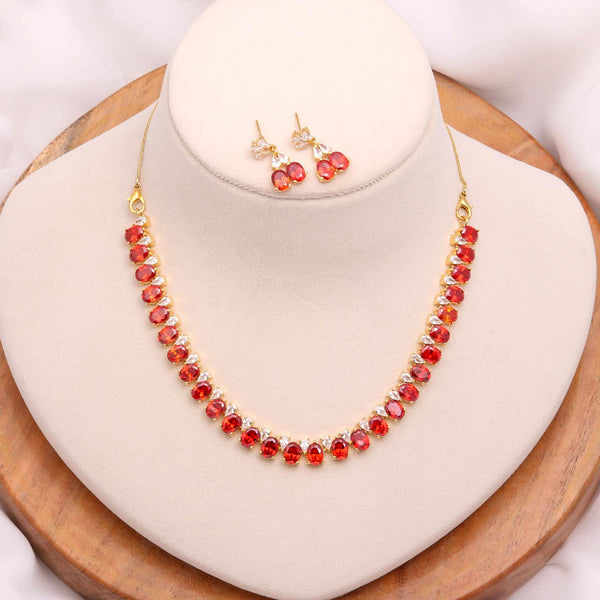 Garnet Oval & Round Necklace with Earrings |22K Gold Plated Brass Wedding Necklace | Bridal Necklace Set | Indian Jewelry | Gift for Women