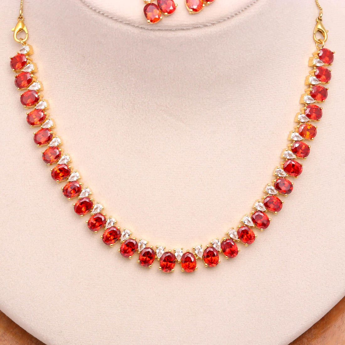 Garnet Oval & Round Necklace with Earrings |22K Gold Plated Brass Wedding Necklace | Bridal Necklace Set | Indian Jewelry | Gift for Women — 3