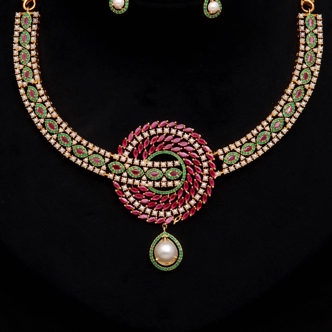 Elegant Pearl & Ruby Necklace Set with Earrings | 22K Gold Plated South Indian Necklace | Bridal Necklace | Indian Jewelry | Gift for Women — 2