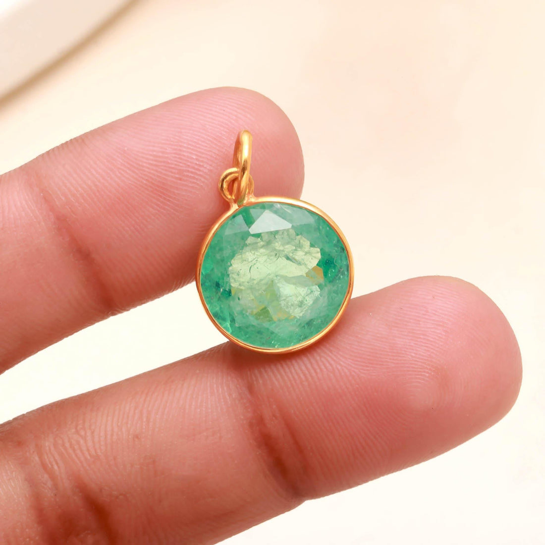 12K Solid Gold Round Emerald Pendant, Lab Created Russian Green Emerald Charm, 14.5mm Round Cut Gemstone, Romantic Anniversary Gift for Her — 4