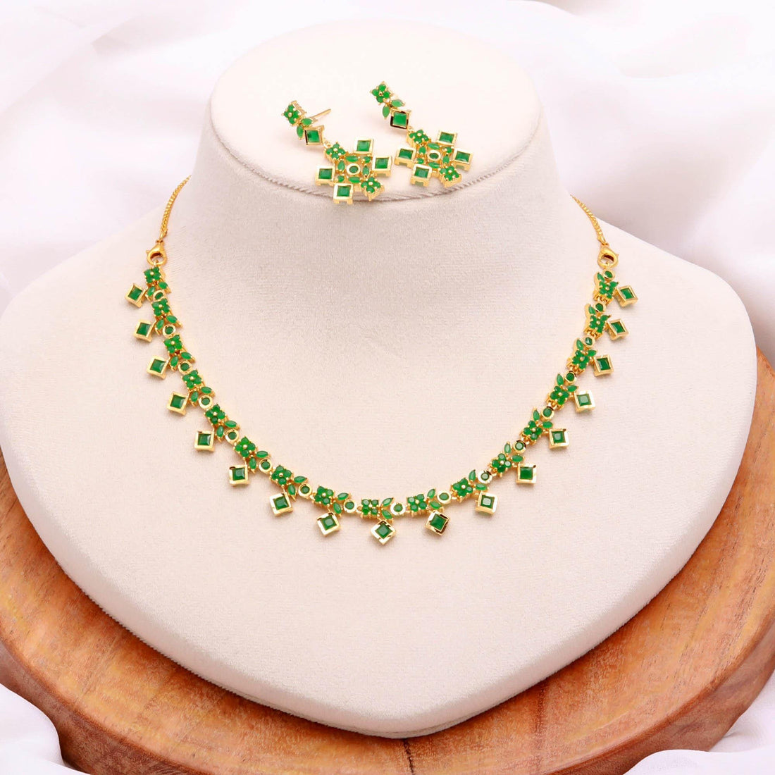 22K Gold Plated Square Emerald Drop Necklace Set with Earrings | Bridal Wedding Necklace | Traditional Indian Necklace  | Gift for Her