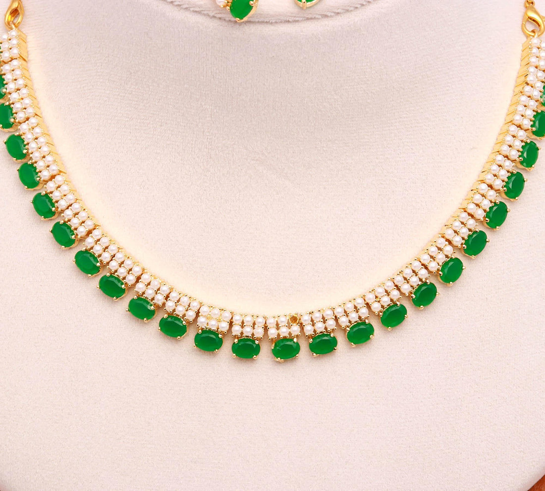 Freshwater Pearl & Emerald Bridal Necklace Set with Earrings | 22K Gold Plated Wedding Necklace | Traditional Necklace |Gift for Her — 3