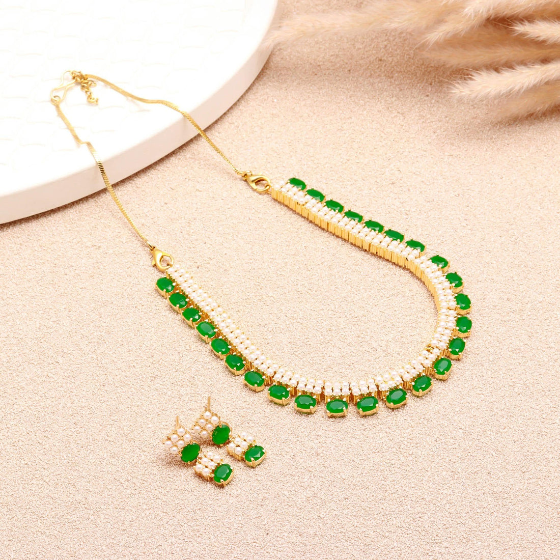 Freshwater Pearl & Emerald Bridal Necklace Set with Earrings | 22K Gold Plated Wedding Necklace | Traditional Necklace |Gift for Her — 2