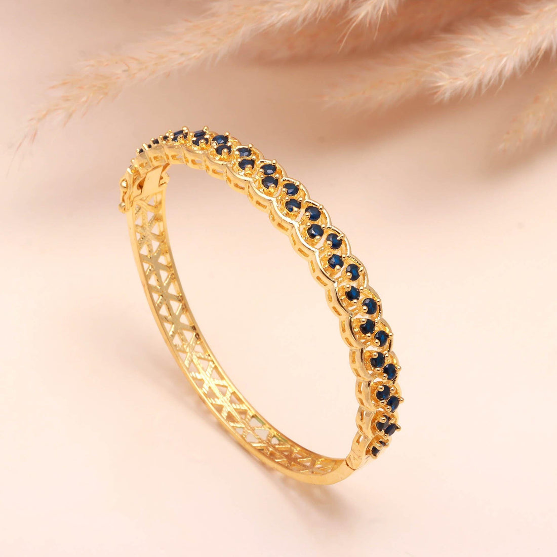 22K Gold Plated Openable Sapphire Bracelet | Round Blue Brass Jewelry | Traditional Bridal Wear | Gift for Her | Kada Bangle