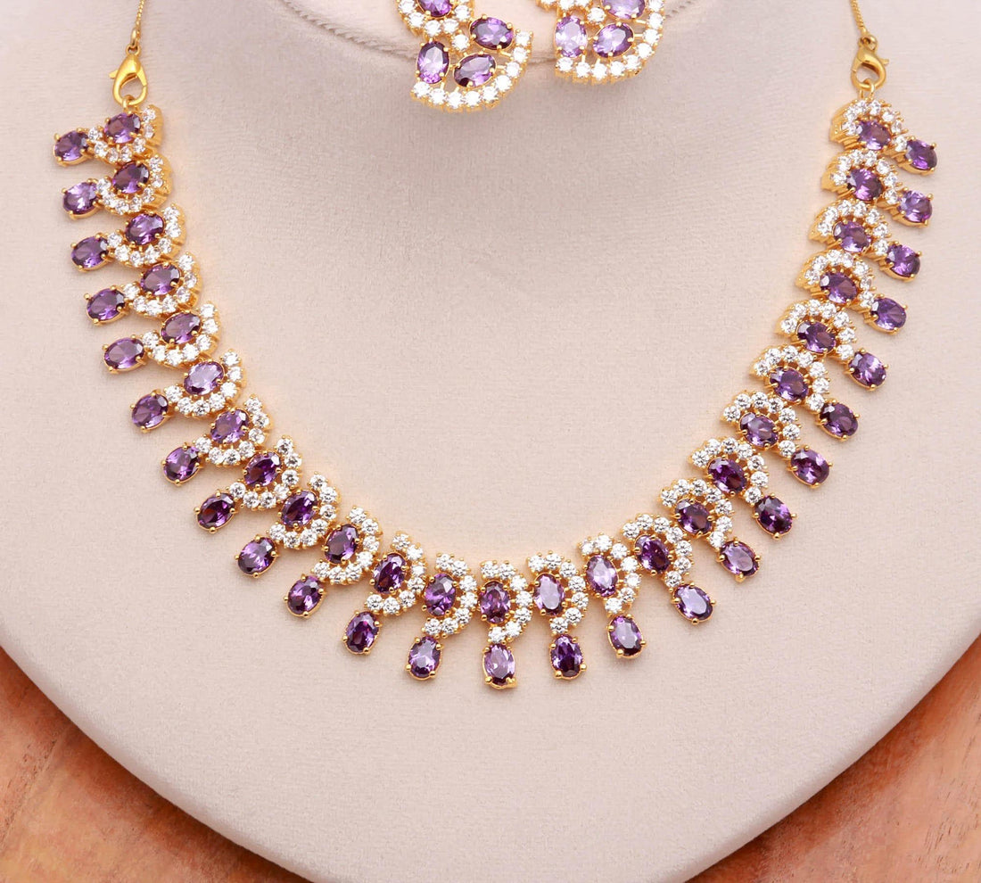 African Amethyst Oval Statement Necklace Set | 22K Gold Plated Bridal Necklace | Wedding Jewelry | Festive Necklace  | Gift for Her — 4