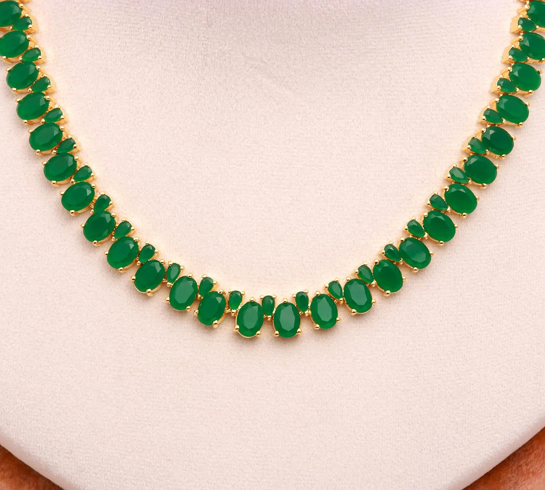 22K Gold Plated Oval Emerald Necklace Set | South Indian Traditional Jewelry | Bridal Necklace | Gift For Her | Wedding Necklace — 4
