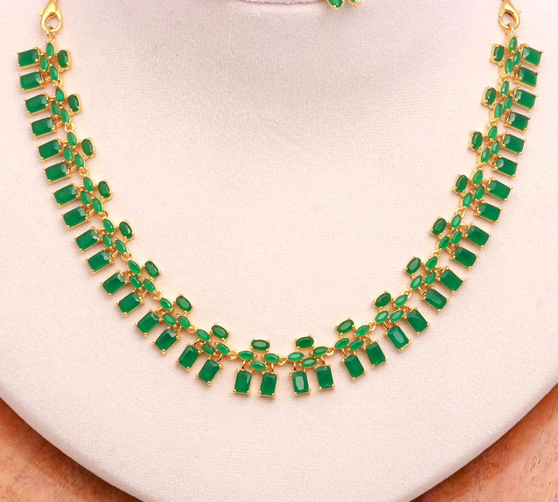 Emerald Oval & Baguette Necklace Set | 22K Gold Plated Necklace | Wedding Jewelry | Festive Necklace| Bridal Necklace | Gift For Her — 2