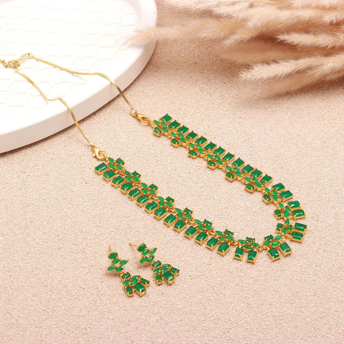 Emerald Oval & Baguette Necklace Set | 22K Gold Plated Necklace | Wedding Jewelry | Festive Necklace| Bridal Necklace | Gift For Her — 3