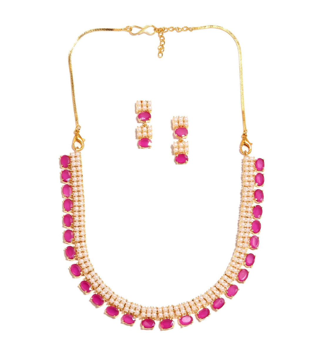 Ruby & Pearl Oval Necklace Set | 22K Gold Plated Wedding Jewelry | Heavy Gemstone Bridal Necklace | Statement Jewelry | Gift for Women — 5