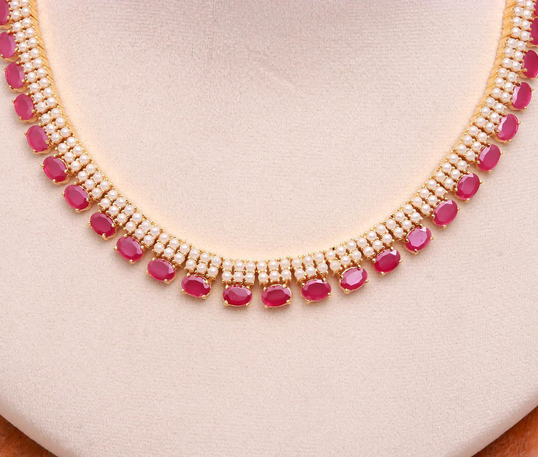 Ruby & Pearl Oval Necklace Set | 22K Gold Plated Wedding Jewelry | Heavy Gemstone Bridal Necklace | Statement Jewelry | Gift for Women — 3