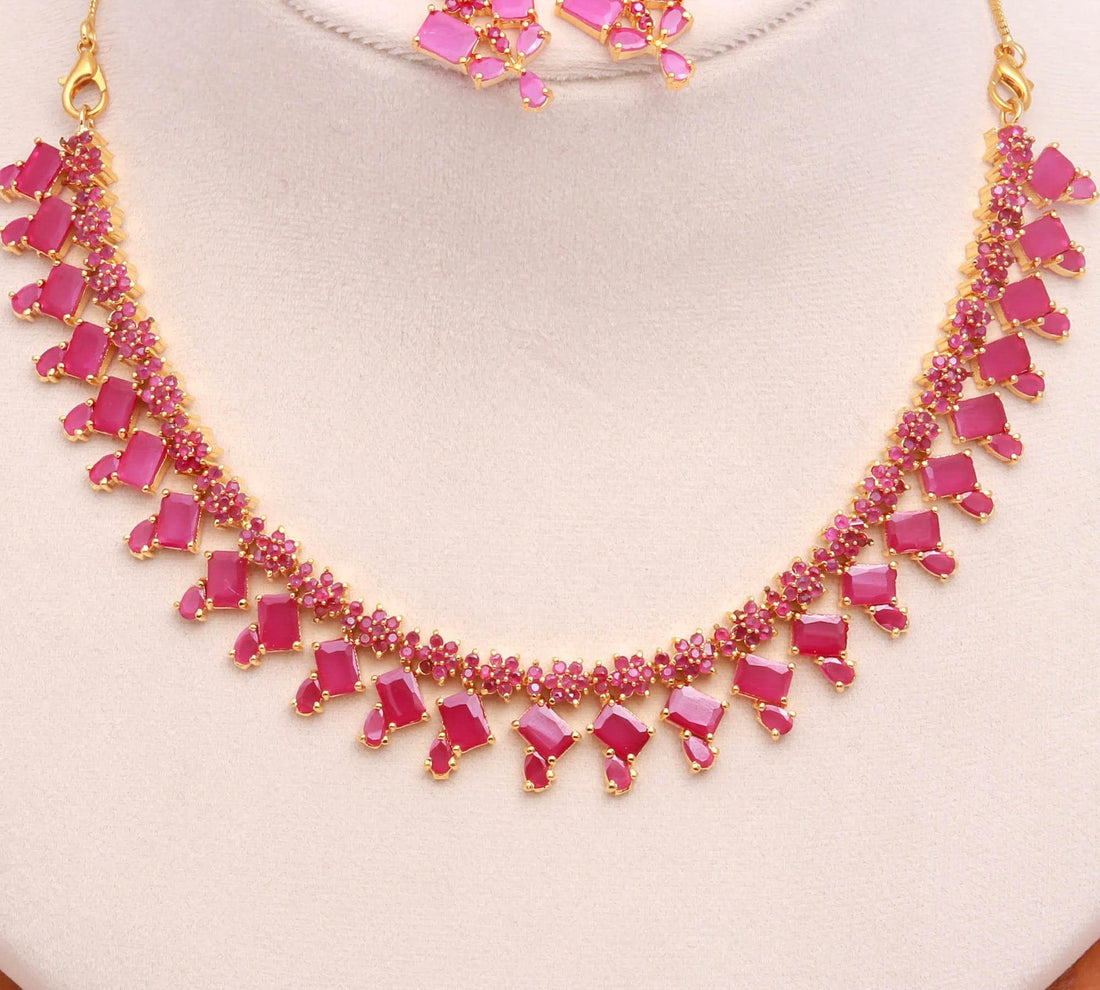 Ruby Square & Oval Necklace Set | 22K Gold Plated Brass Necklace | Bridal Necklace - Earrings | Gift for Her | Red Gemstone Necklace — 3