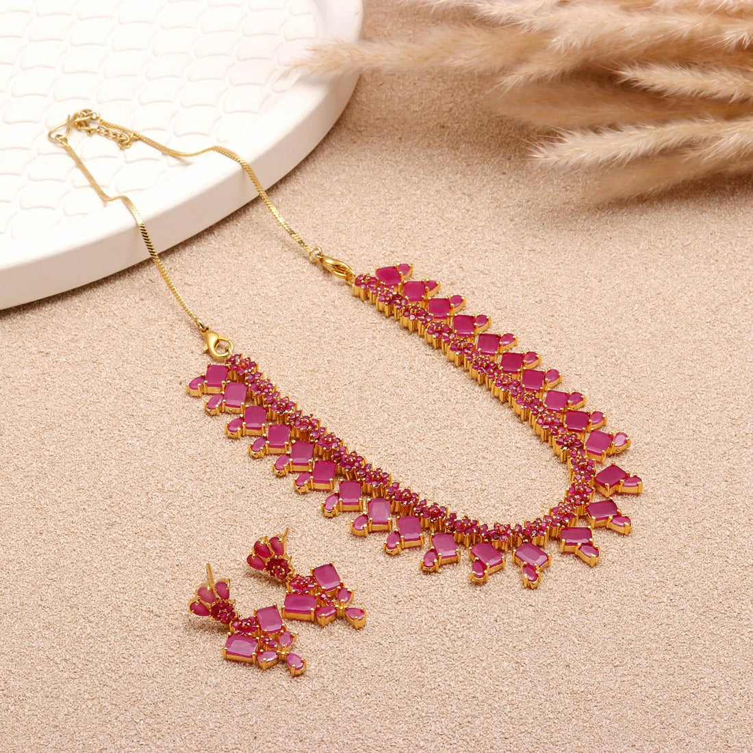 Ruby Square & Oval Necklace Set | 22K Gold Plated Brass Necklace | Bridal Necklace - Earrings | Gift for Her | Red Gemstone Necklace — 2