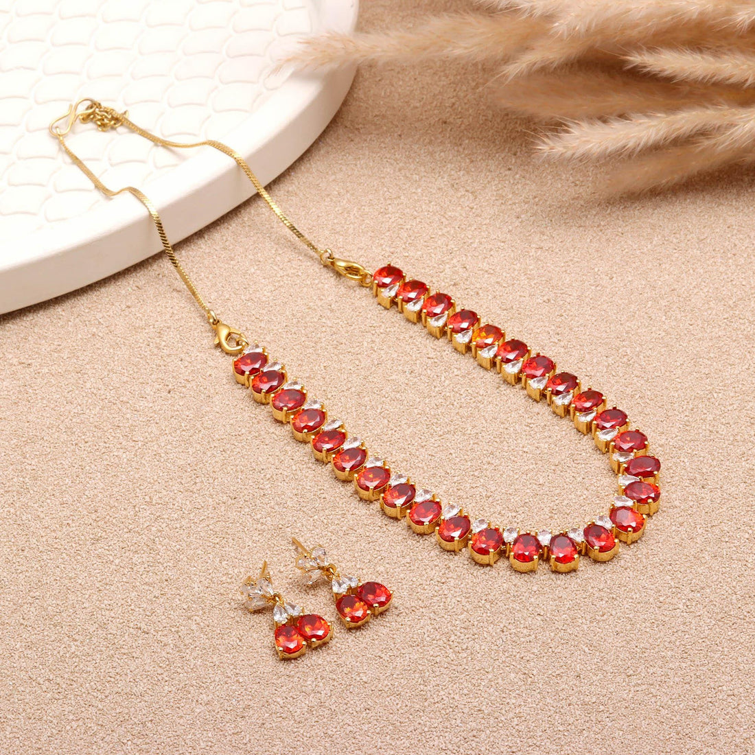 Ruby Square Oval Necklace Set |22K Gold Plated Brass Necklace | Bridal Wedding Jewelry |Statement Necklace |Ethnic Necklace | Gift for Women — 2