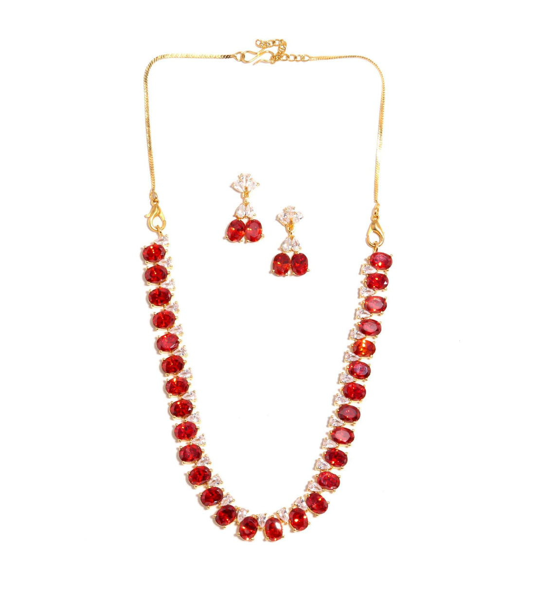 Garnet Oval & Round Necklace with Earrings |22K Gold Plated Brass Wedding Necklace | Bridal Necklace Set | Indian Jewelry | Gift for Women — 5
