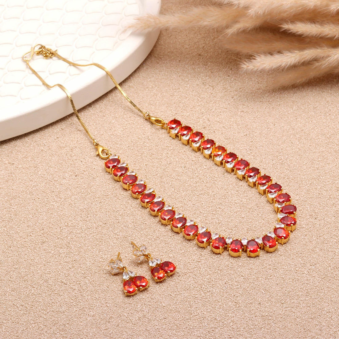 Garnet Oval & Round Necklace with Earrings |22K Gold Plated Brass Wedding Necklace | Bridal Necklace Set | Indian Jewelry | Gift for Women — 2