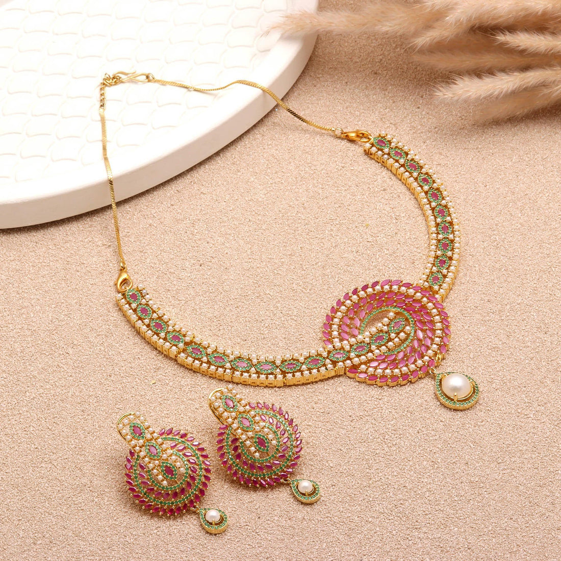 Elegant Pearl & Ruby Necklace Set with Earrings | 22K Gold Plated South Indian Necklace | Bridal Necklace | Indian Jewelry | Gift for Women — 4