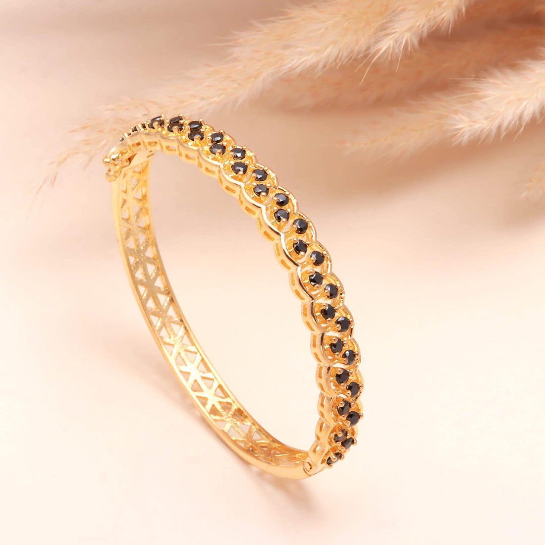 Black Onyx Adjustable Openable Bracelet for Women | 22K Gold Plated Brass Round Onyx Bracelet | Gift for Her | Wedding Wear | Kada Bangle — 2