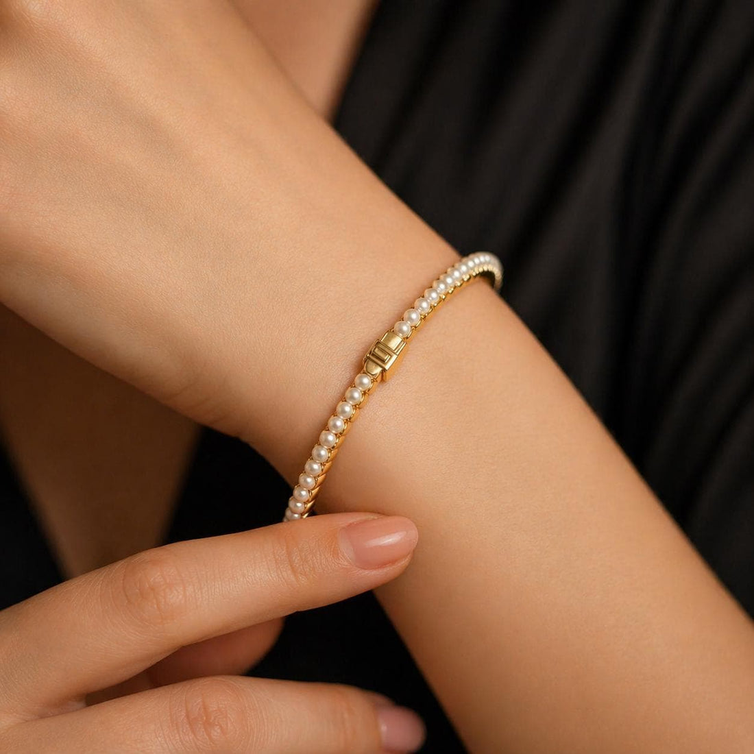 Gold Plated Freshwater Pearl Tennis Bracelet: Openable Bangle Bracelet handcrafted Jewelry — 5