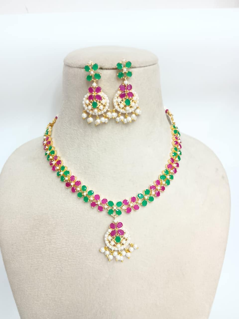 Luxury Gold Plated Ruby Emerald Pearl Necklace | South Indian Bridal Wedding Jewelry | Traditional Statement Necklace | Valentine Gift — 2