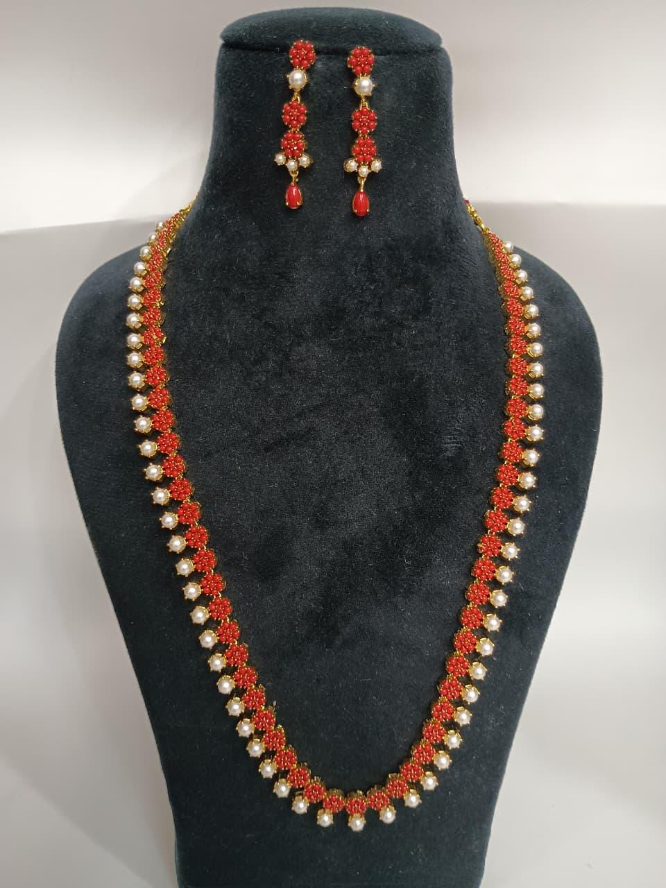 Red Coral & Pearl Necklace Set | 22K Gold Plated Indian Bridal Temple Jewelry | Wedding Necklace | Statement Necklace | Gift For Her — 2