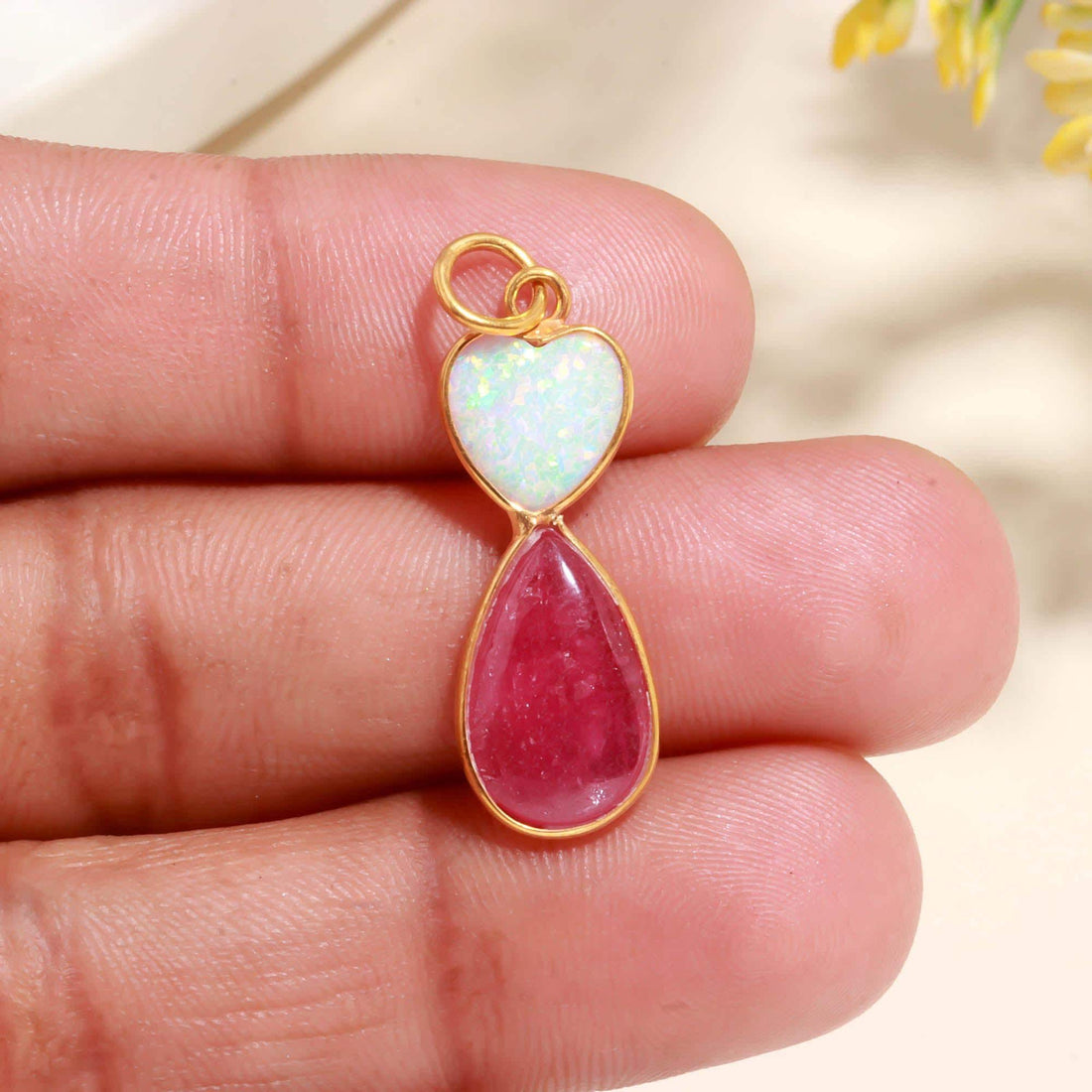 9K Gold African Amethyst Ruby Dual Stone Charm Pendant | Bridal Pendant | Gift For Mom | Cabochon Bezel Set Charm | Gemstone Pendant — 2