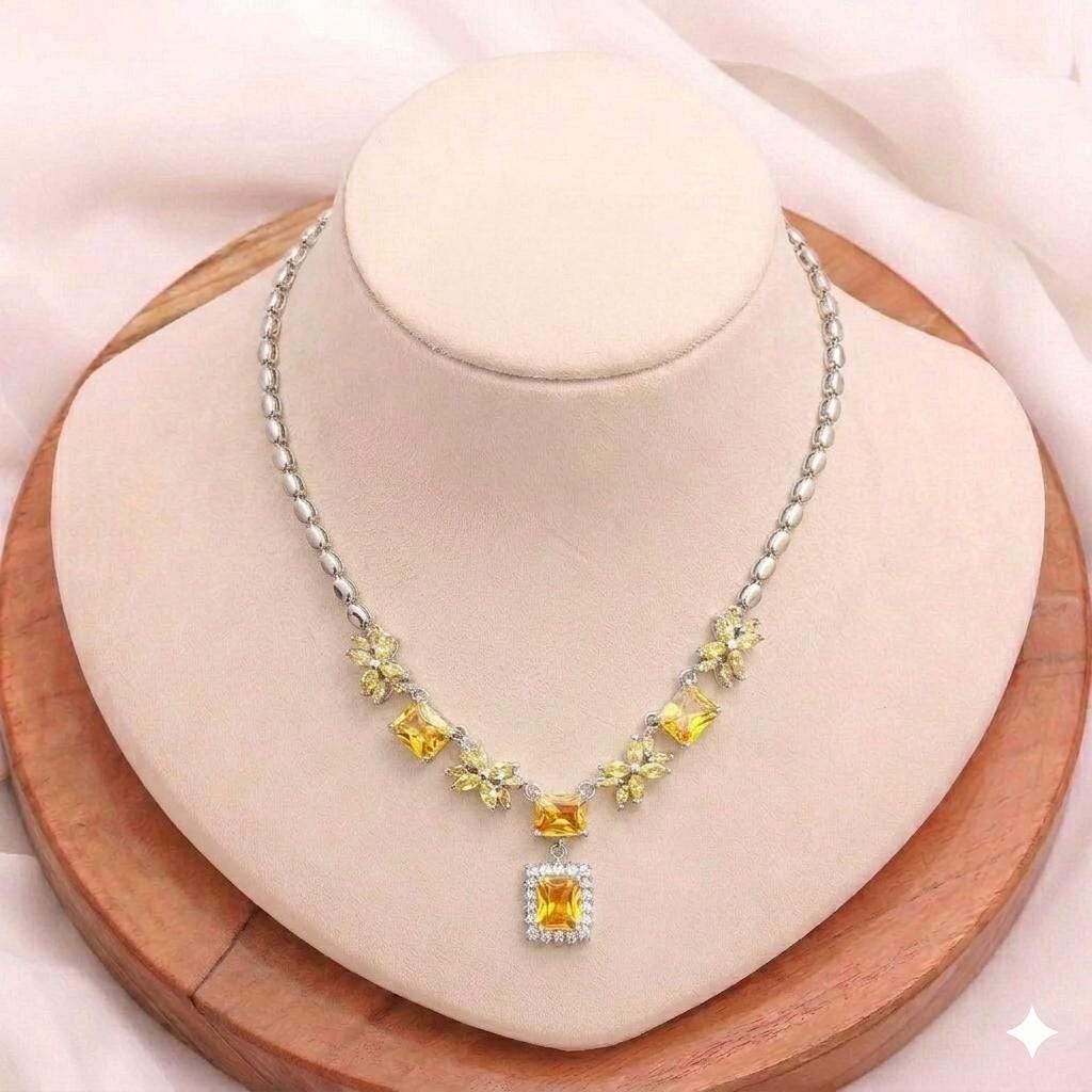 Minimalist Citrin Stone Necklace | Yellow Cut Stone Necklace Set | White Gold Plated Necklace Set | Wedding Necklace Set | Gift For Her