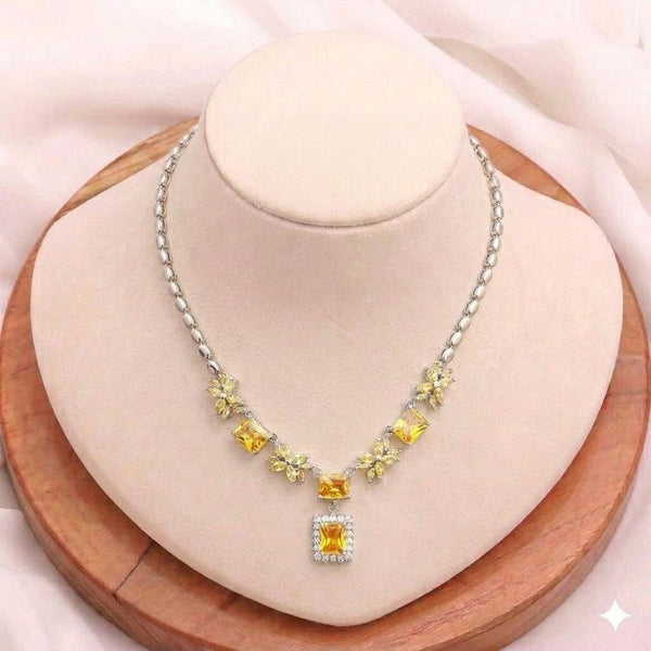 Minimalist Citrin Stone Necklace | Yellow Cut Stone Necklace Set | White Gold Plated Necklace Set | Wedding Necklace Set | Gift For Her