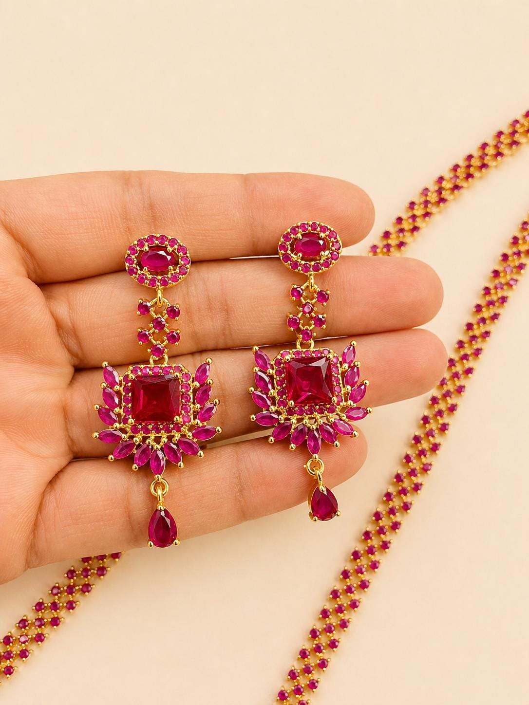 22k Gold Plated Long Ruby Weeding Necklace Set, South Indian Bride Jewelry, Ruby Long Haram — 5