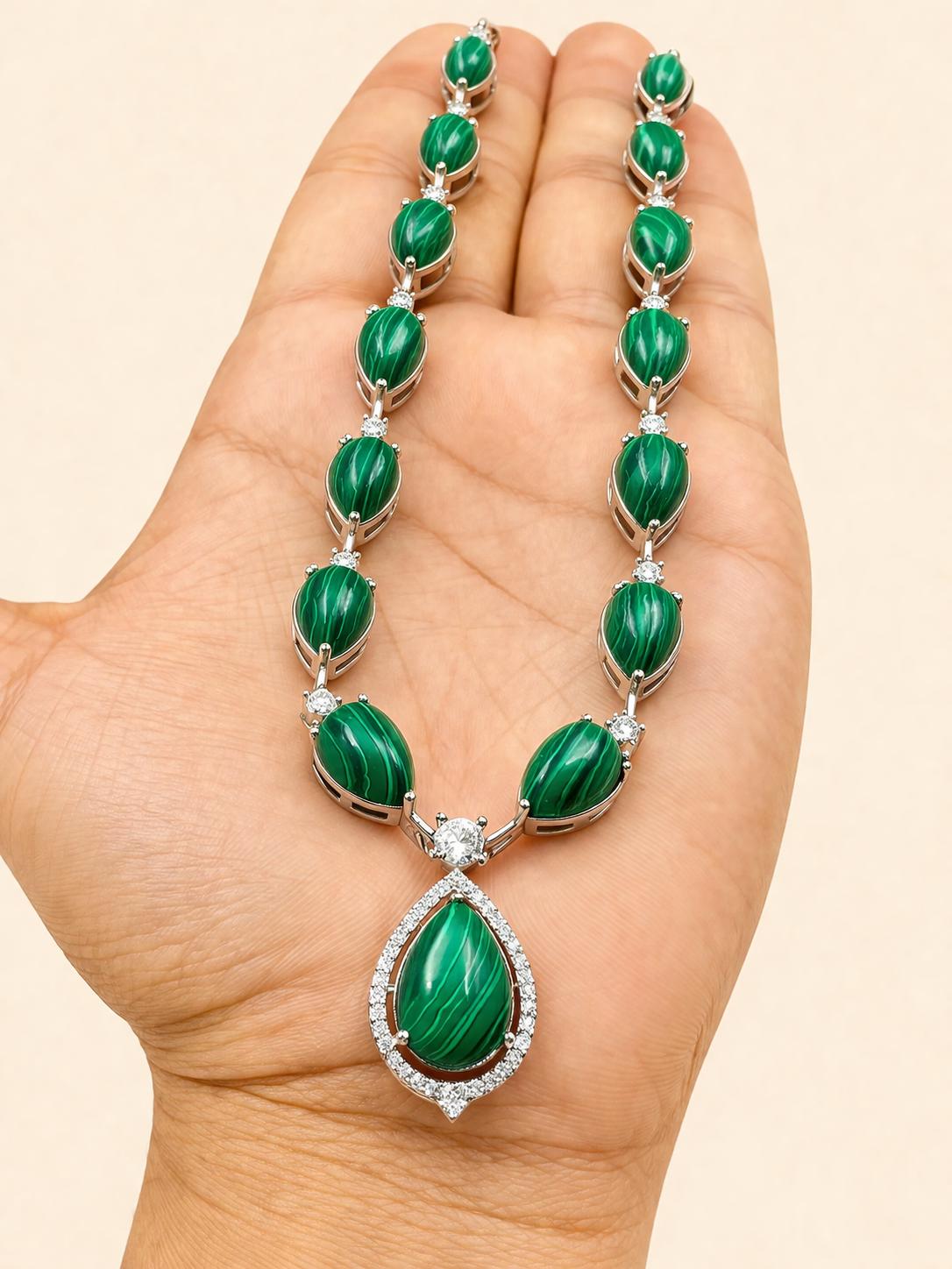 Malachite and Diamond Necklace, Natural Green Malachite Jewelry, White Gold Plated Necklace, Dainty Gemstone Choker, Minimalist Gift for Her — 4