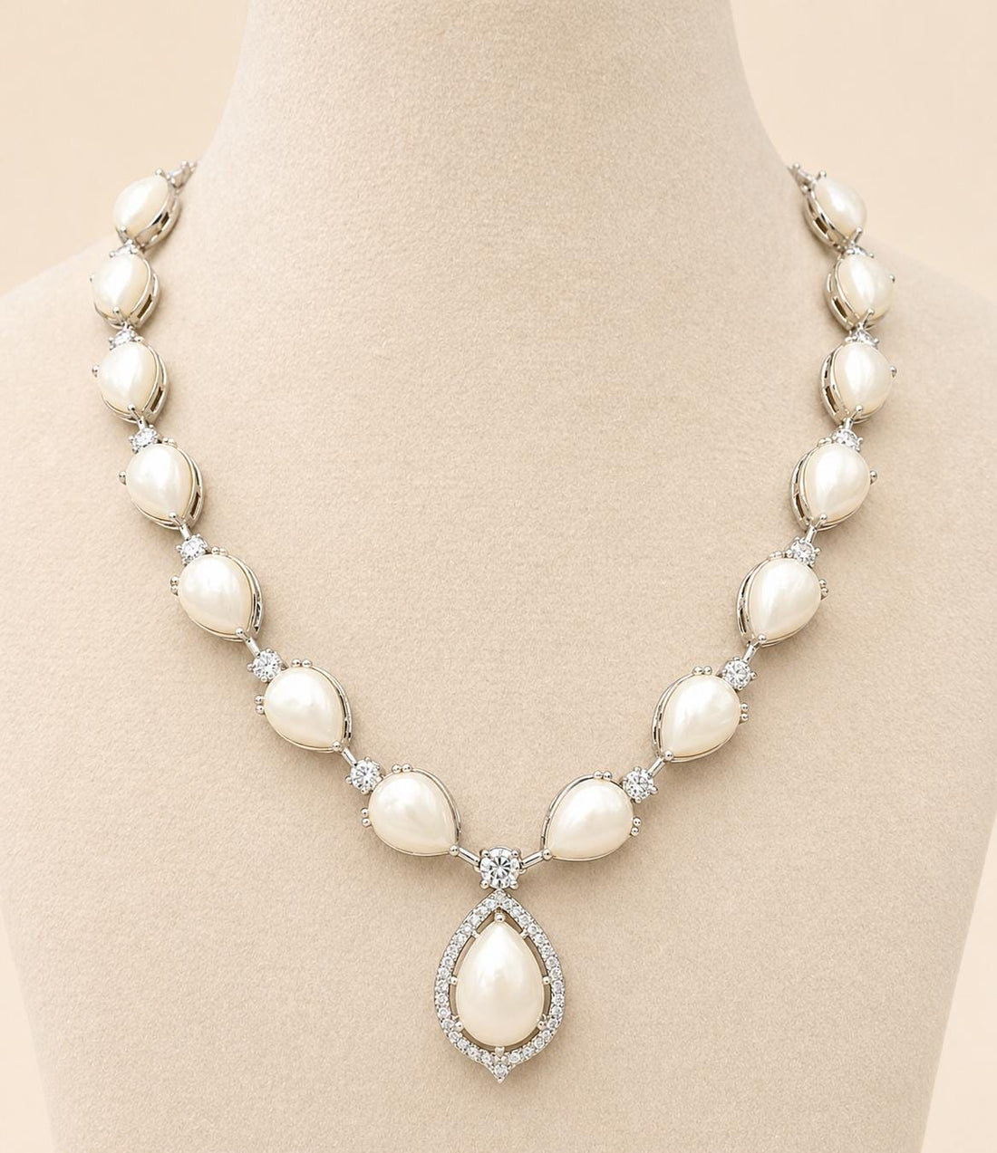 Natural White Mother of Pearl Jewelry Set, White Gold Finish Statement Necklace, MOP Teardrop Earrings, Anniversary Gift for Her, Luxury Set — 3