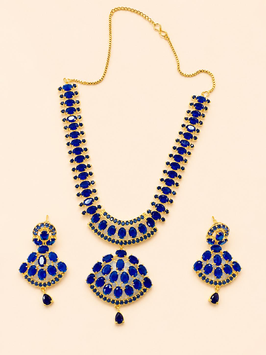 22k Gold Plated Blue Choker Necklace Set | South Indian Bridal Jewelry | Wedding Statement Necklace | Blue Sapphire Necklace — 2