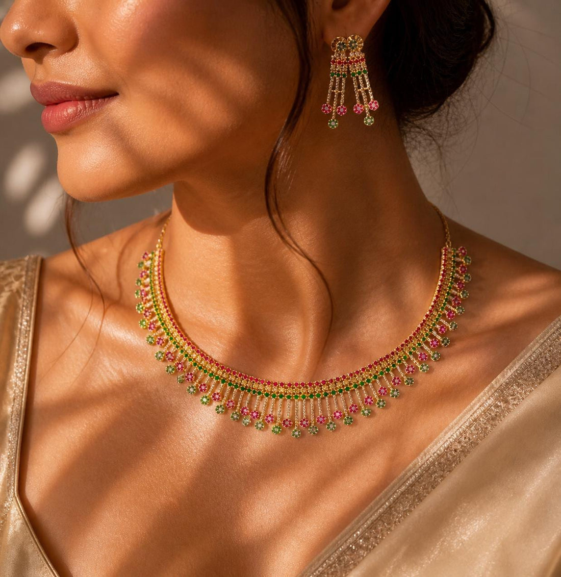 Handmade Ruby Emerald Necklace Set | 22K Gold Plated South Indian Bridal Jewelry