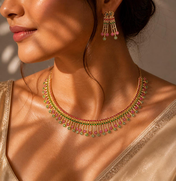 Handmade Ruby Emerald Necklace Set | 22K Gold Plated South Indian Bridal Jewelry