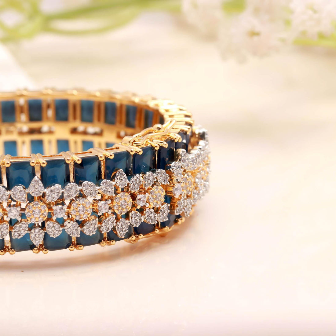 Blue Sapphire CZ Openable Bangle | 22K Gold Plated Kada Bracelet | Traditional Indian Jewelry | Bridal Bangle |Wedding Bangle | Gift For Her — 4