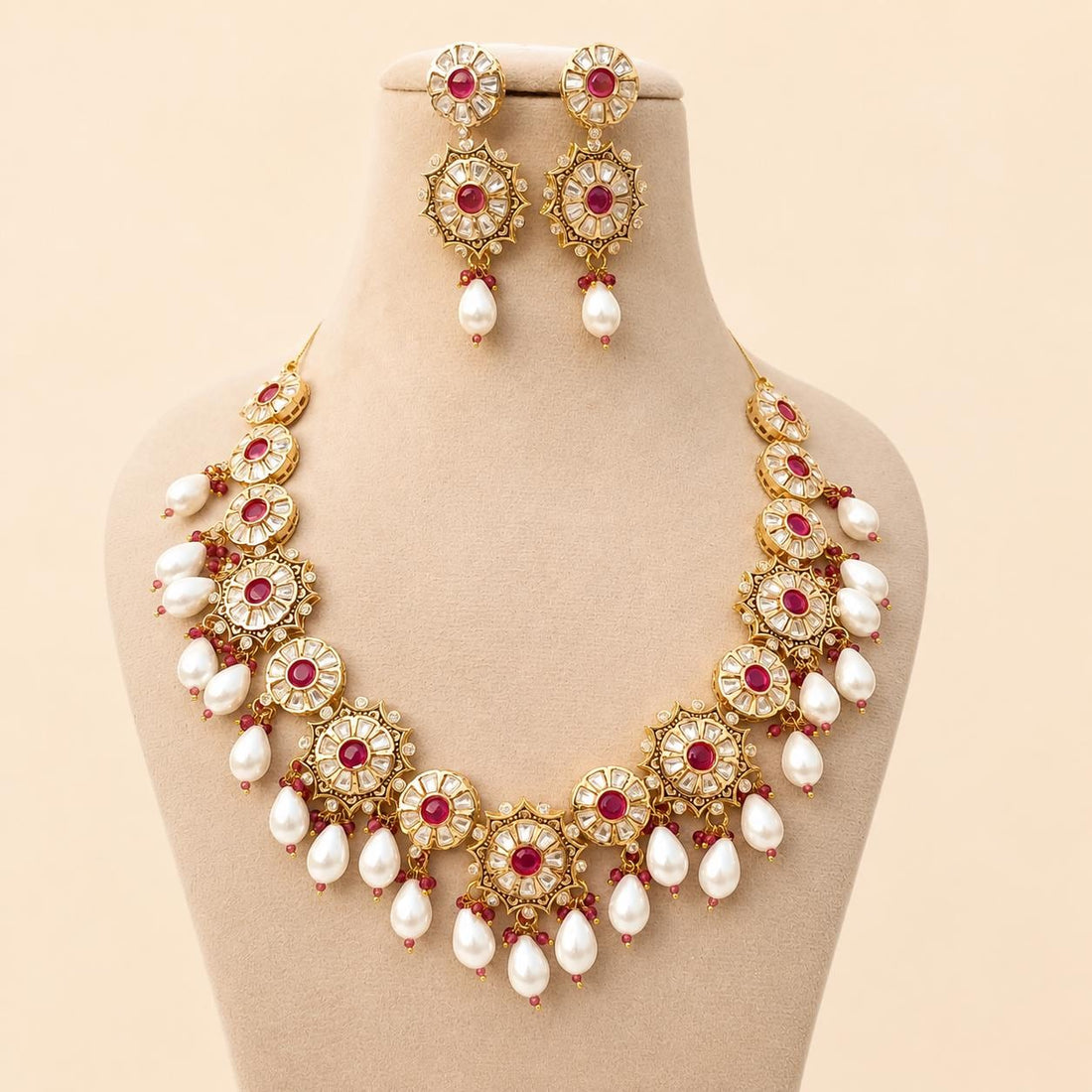 22K Gold Plated Kundan Polki Necklace | Ruby Pearl & Diamond Bridal Jewelry | Traditional Indian Wedding Necklace Set | Gift for Her