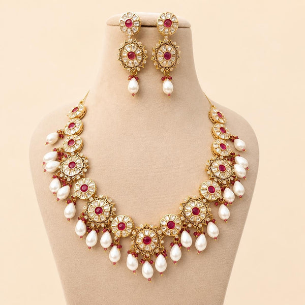 22K Gold Plated Kundan Polki Necklace | Ruby Pearl & Diamond Bridal Jewelry | Traditional Indian Wedding Necklace Set | Gift for Her