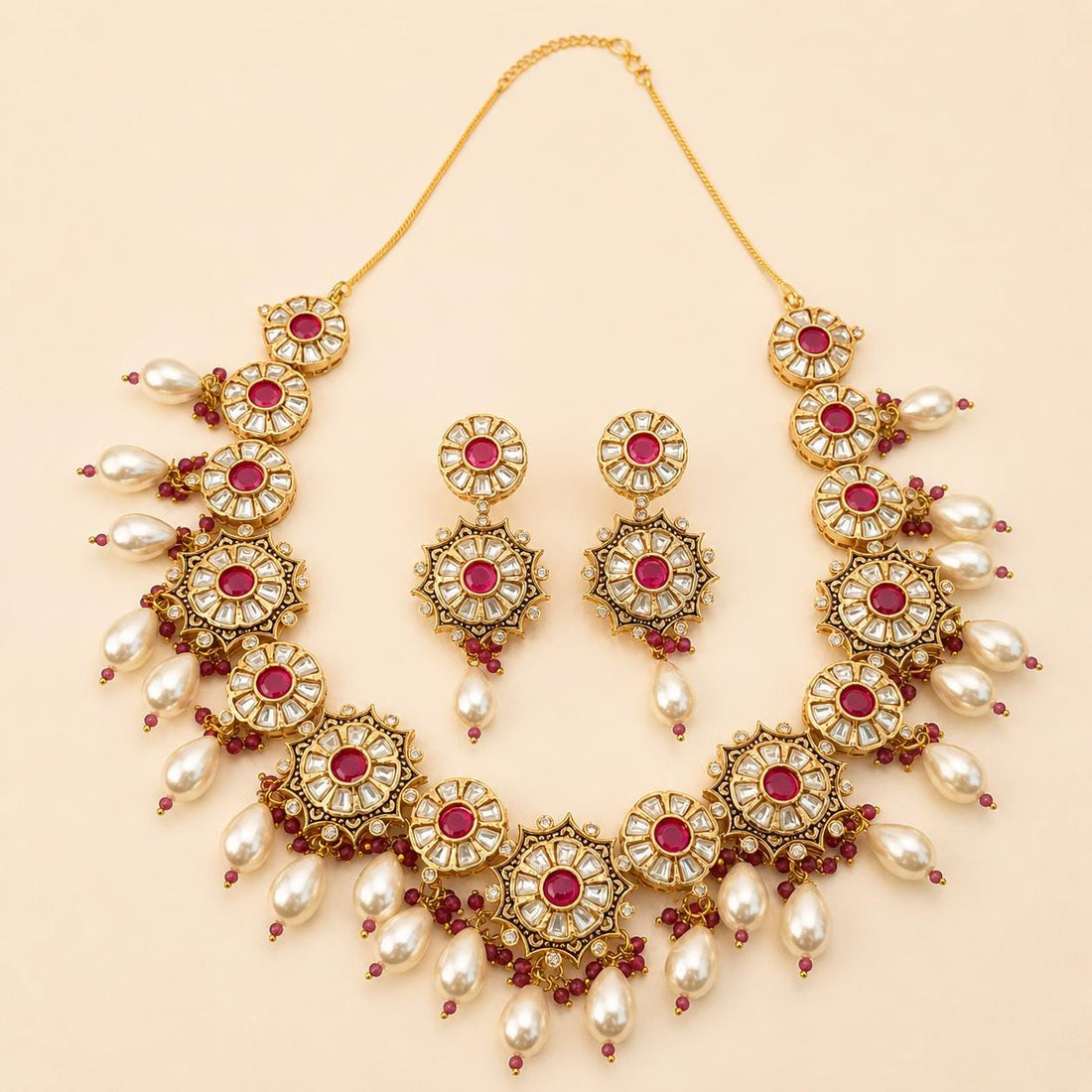 22K Gold Plated Kundan Polki Necklace | Ruby Pearl & Diamond Bridal Jewelry | Traditional Indian Wedding Necklace Set | Gift for Her — 3