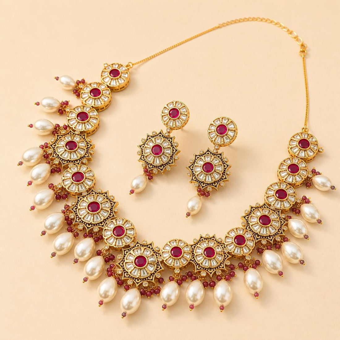 22K Gold Plated Kundan Polki Necklace | Ruby Pearl & Diamond Bridal Jewelry | Traditional Indian Wedding Necklace Set | Gift for Her — 2
