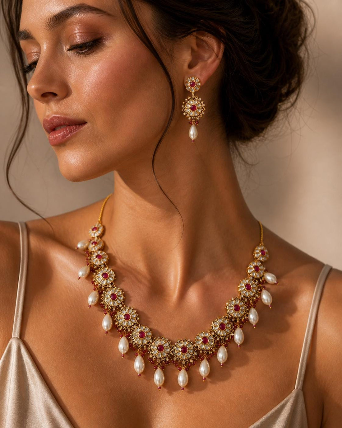 22K Gold Plated Kundan Polki Necklace | Ruby Pearl & Diamond Bridal Jewelry | Traditional Indian Wedding Necklace Set | Gift for Her — 4